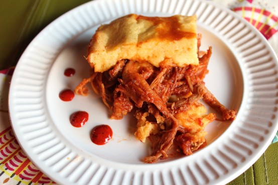 A serving of pulled pork tamale pie