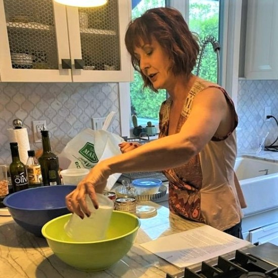 Julie adding Key Lime Tart Ingredients